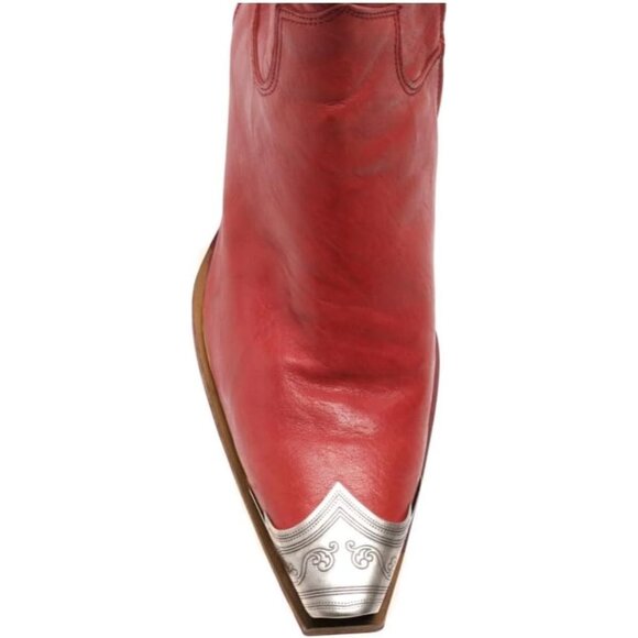 Women's Red Faux Leather Steel Toe Side Zipper Block Heel Western Ankle Boots - Picture 6 of 7